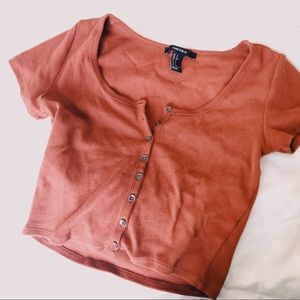 rust f21 button up crop top